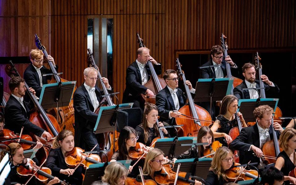 Philharmonia Orchestra lower strings on stage in concert at Royal Festival Hall